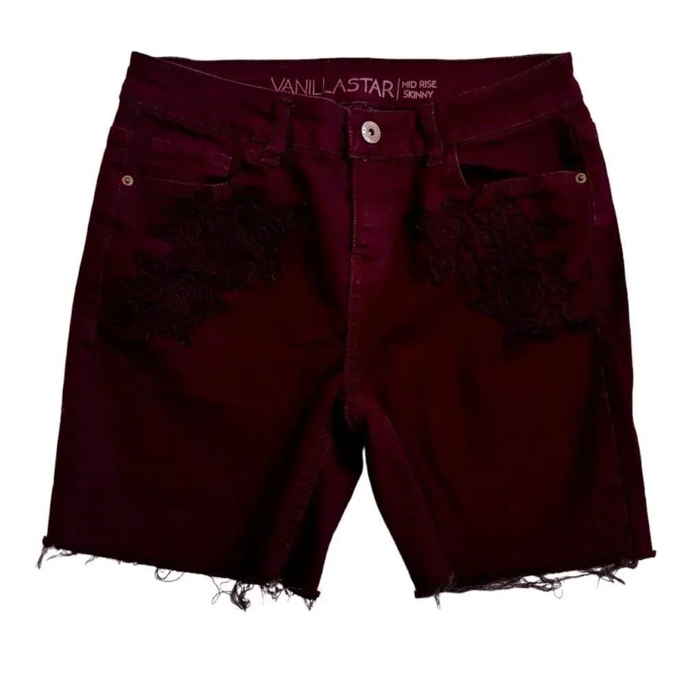 Vanilla Star mid-rise Skinny Shorts Burgundy Raw Hem Floral SZ 3 S